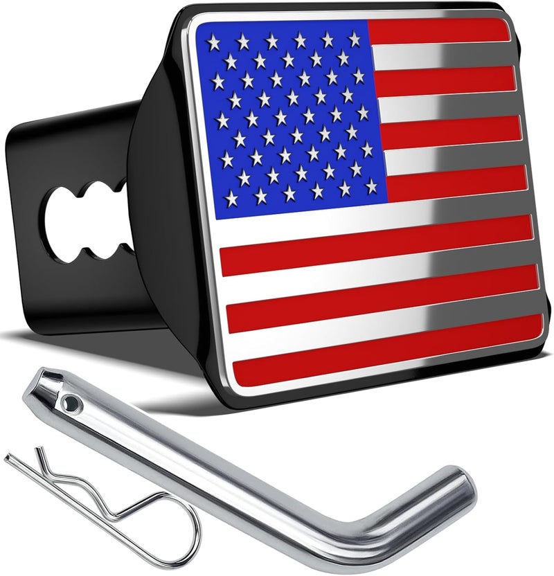 OGYE Heavy American Flag Metal Trailer Hitch Cover for 2 Inch Receivers (with Trailer Hitch Pin & Clip), Chrome&Blue&Red - Image 1